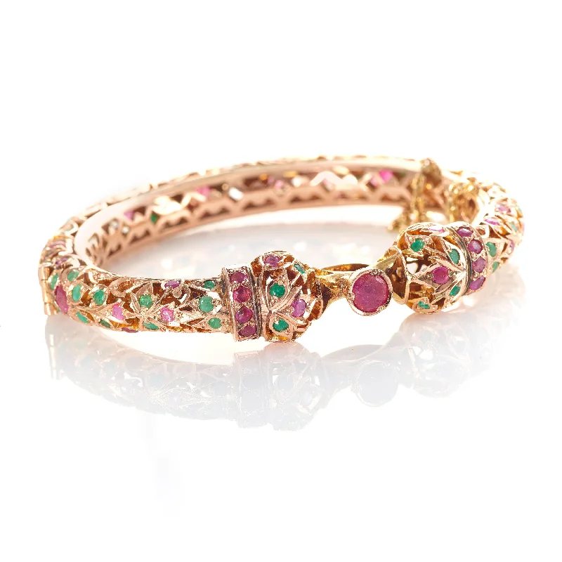 Estate Oriental Emerald and Ruby Carved 14k Rose Gold Statement Bangle Bracelet