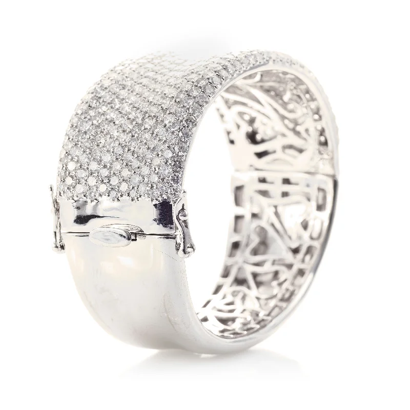 Estate Custom 18k White Gold Glamorous Pave Diamond Wide Bangle Bracelet with Carved Under Gallery