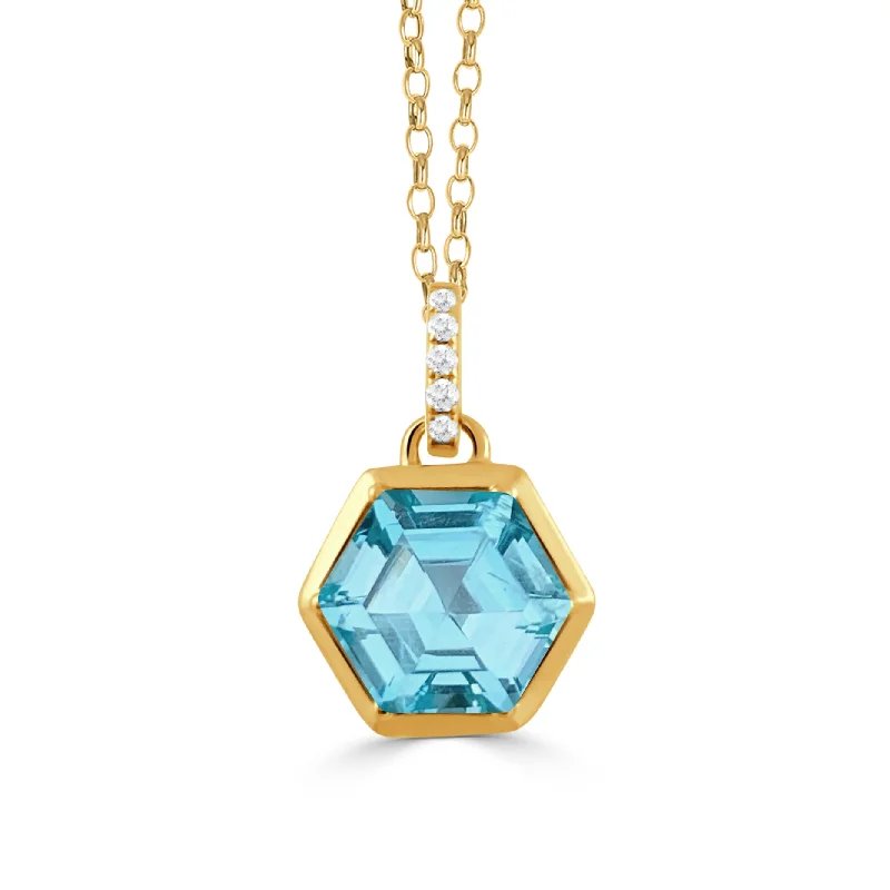 Blue Topaz Hexagon 18K Yelow Gold Pendant Necklace