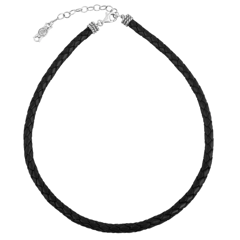 Braided Black Genuine Leather Sterling Silver Necklace, 17 -20 Inches