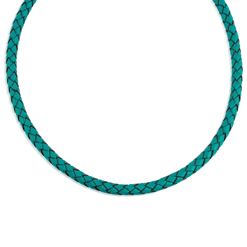 Braided Turquoise Genuine Leather Sterling Silver Necklace, 17-20 Inches