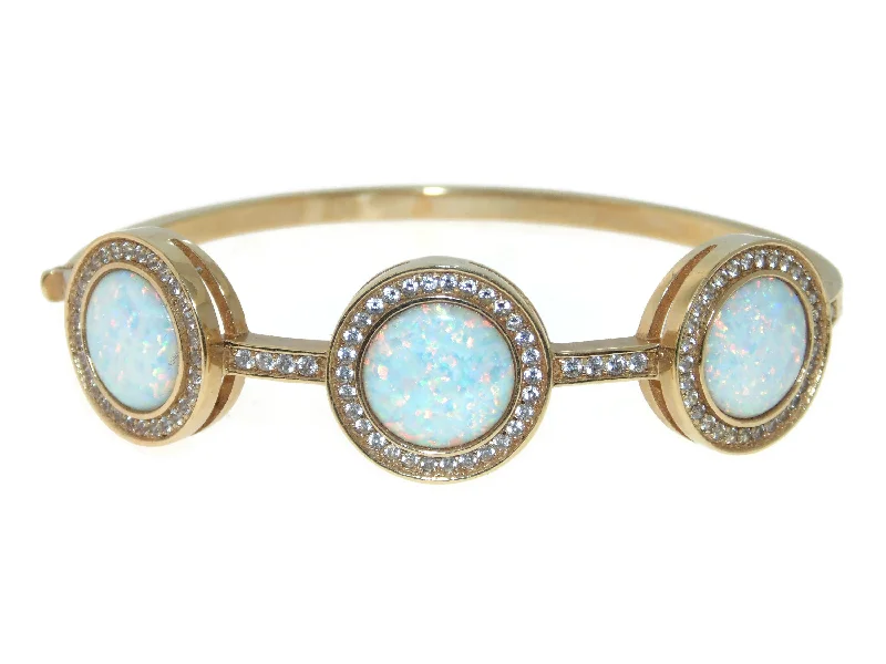 Estate 14k Yellow Gold Lab Opal Cubic Zirconia Cuff Bracelet