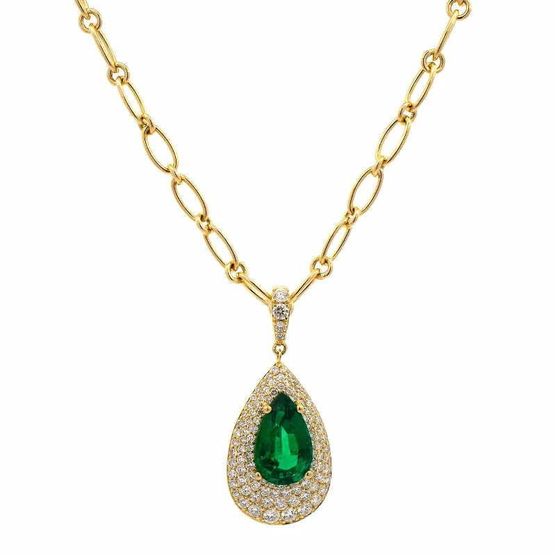 18K Yellow Gold Pear Shaped Emerald and Diamond Pendant Necklace