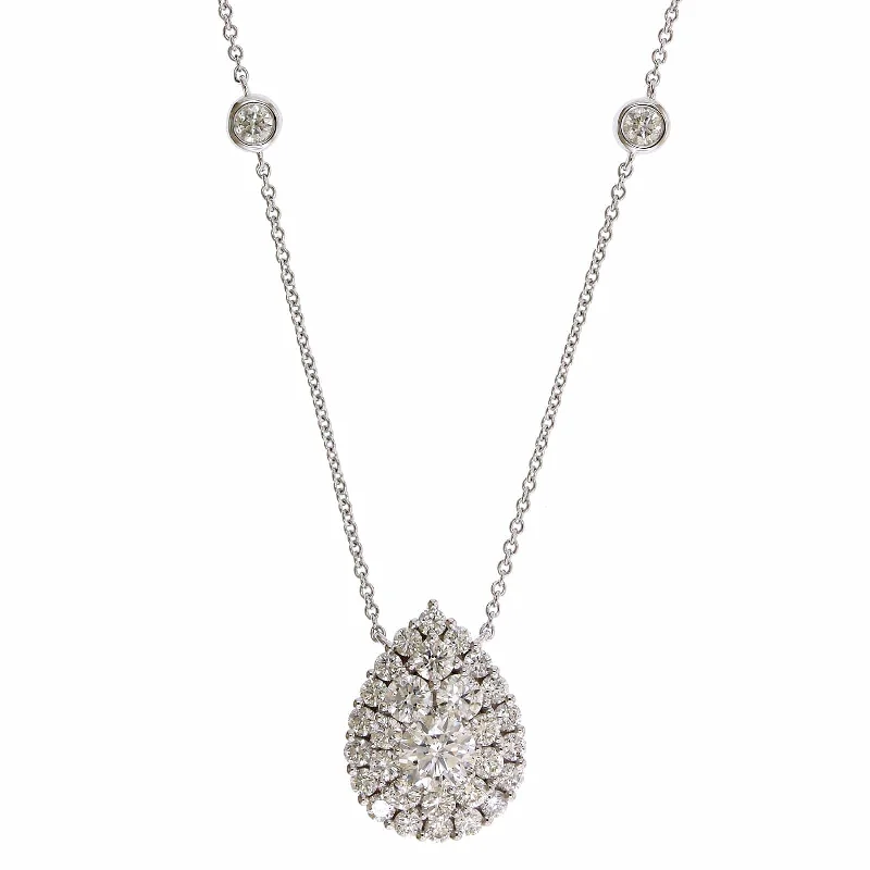 14K White Gold Diamond Cluster Pear Shaped Pendant Necklace