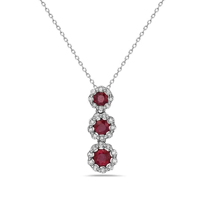 14K White Gold Ruby Drop Diamond Halo Necklace