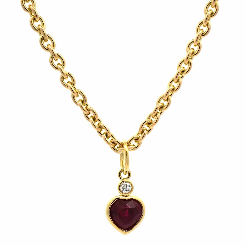 18K Yellow Gold Heart Shaped Ruby Diamond Necklace