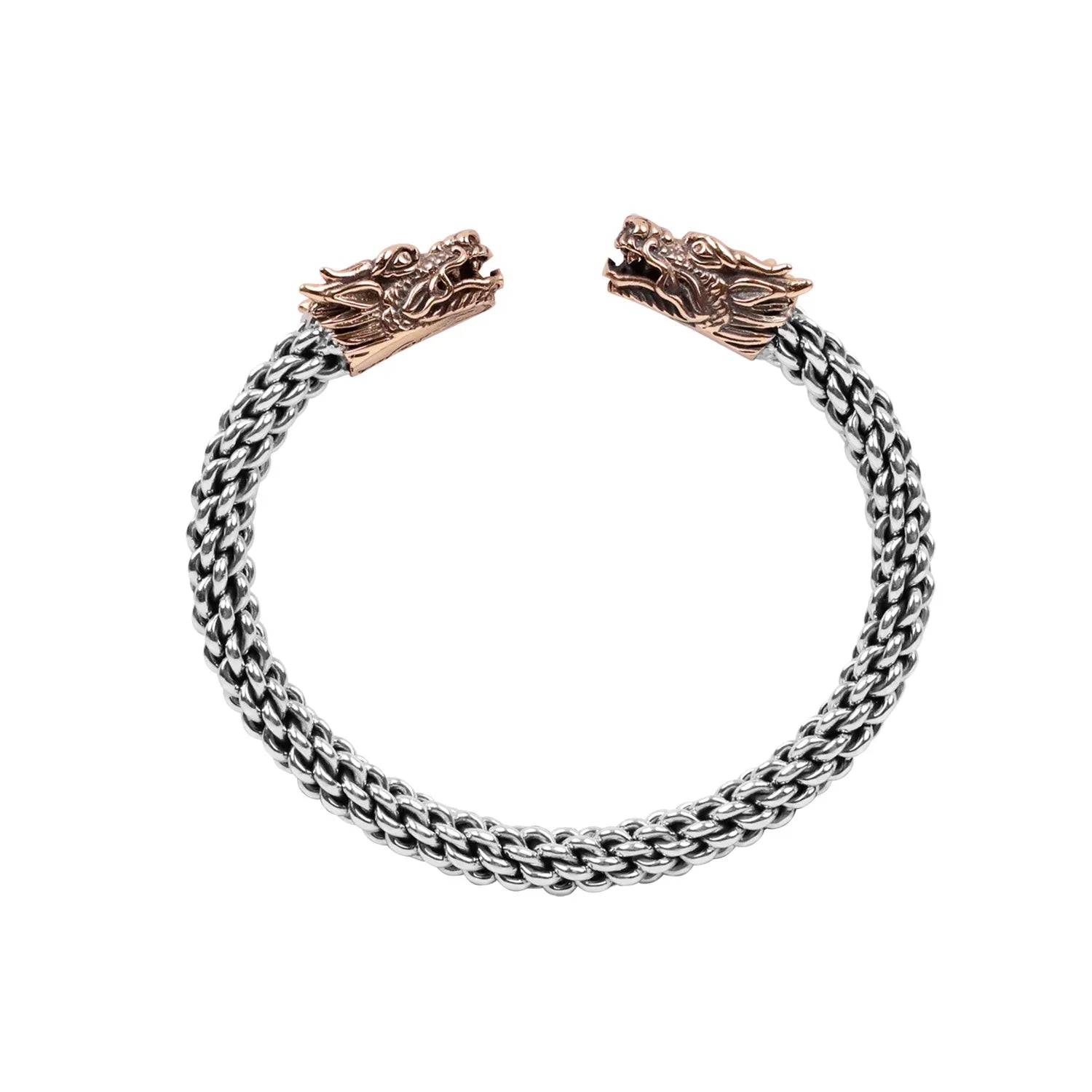 Keith Jack Sterling Silver Oxidized + Bronze Flexible Double Dragon Head Torc Bangle