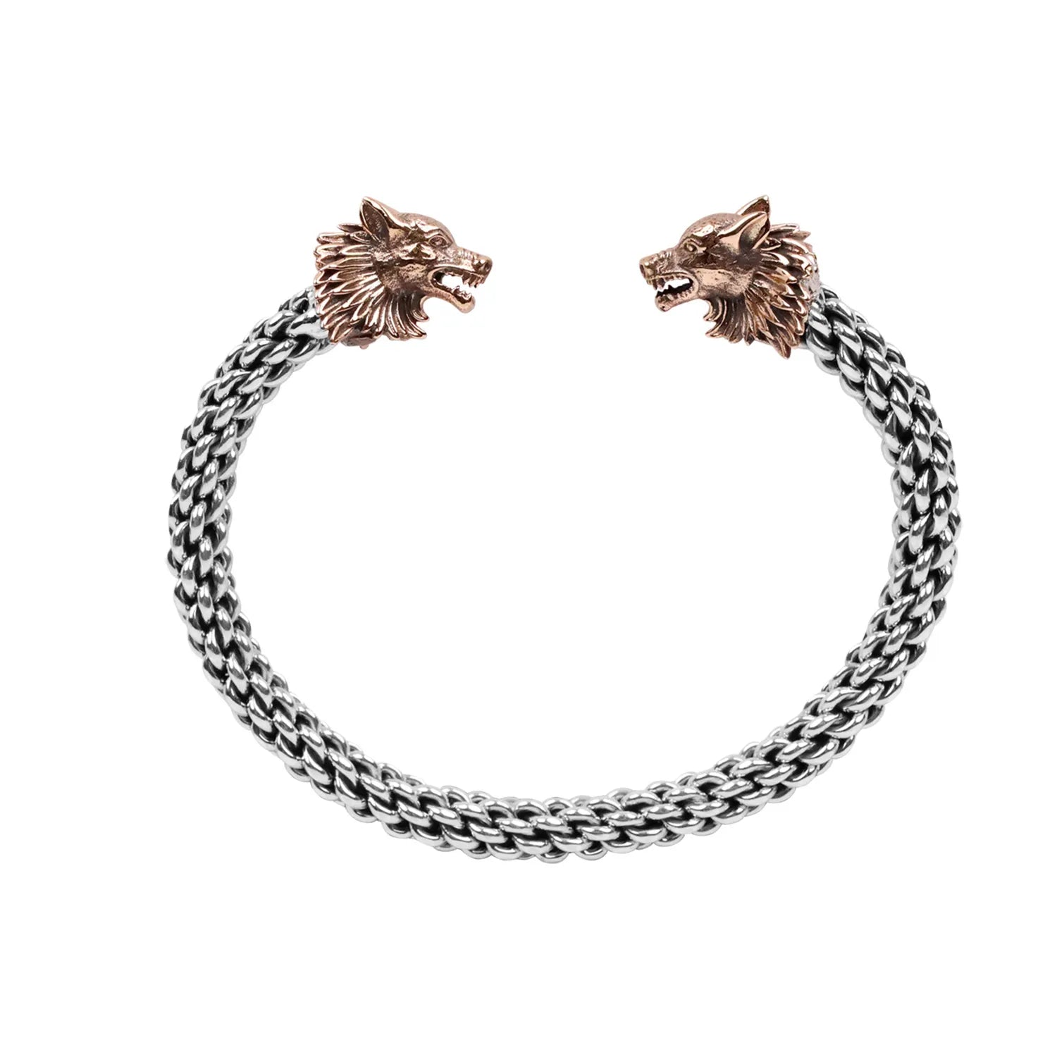 Keith Jack Sterling Silver Oxidized + Bronze Flexible Double Wolf Head Torc Bangle