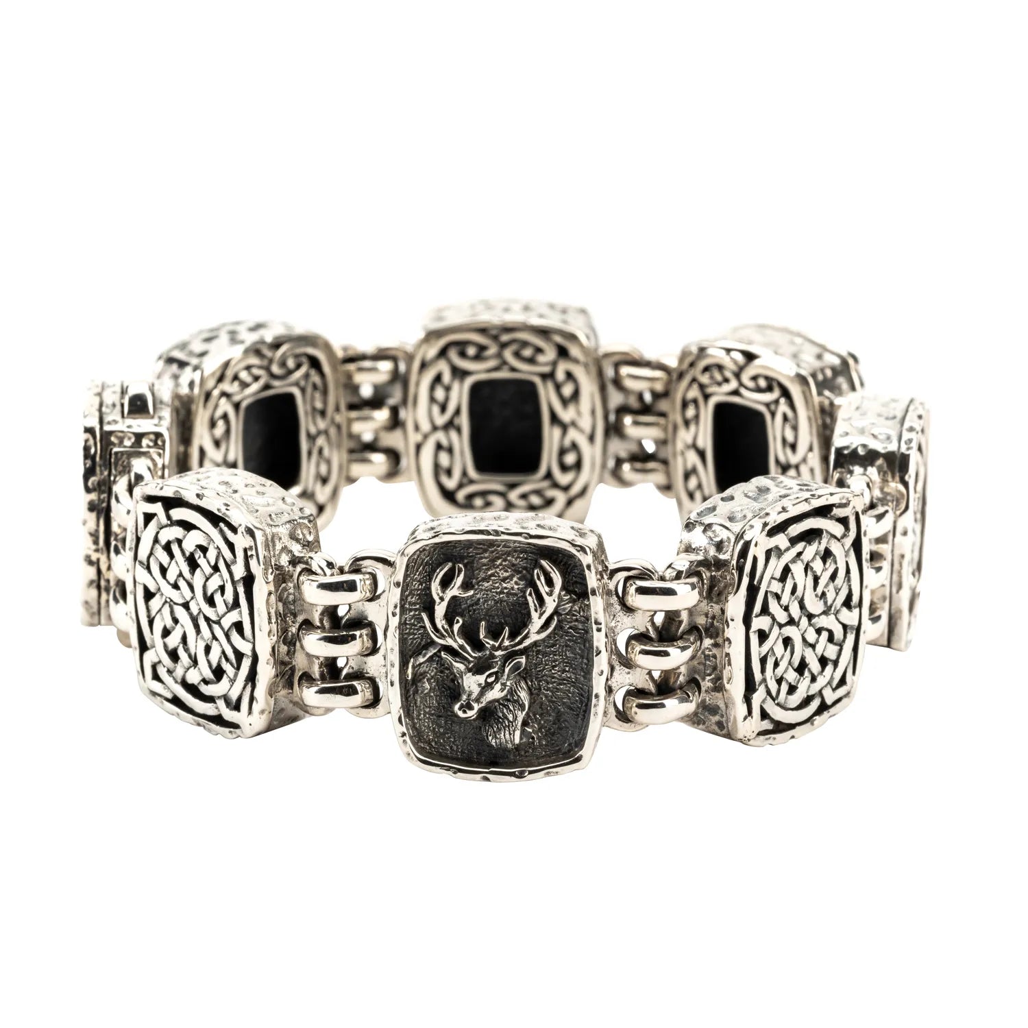 Keith Jack Sterling Silver Oxidized Stag and Celtic Knotwork Link Bracelet (Strength and Stamina)