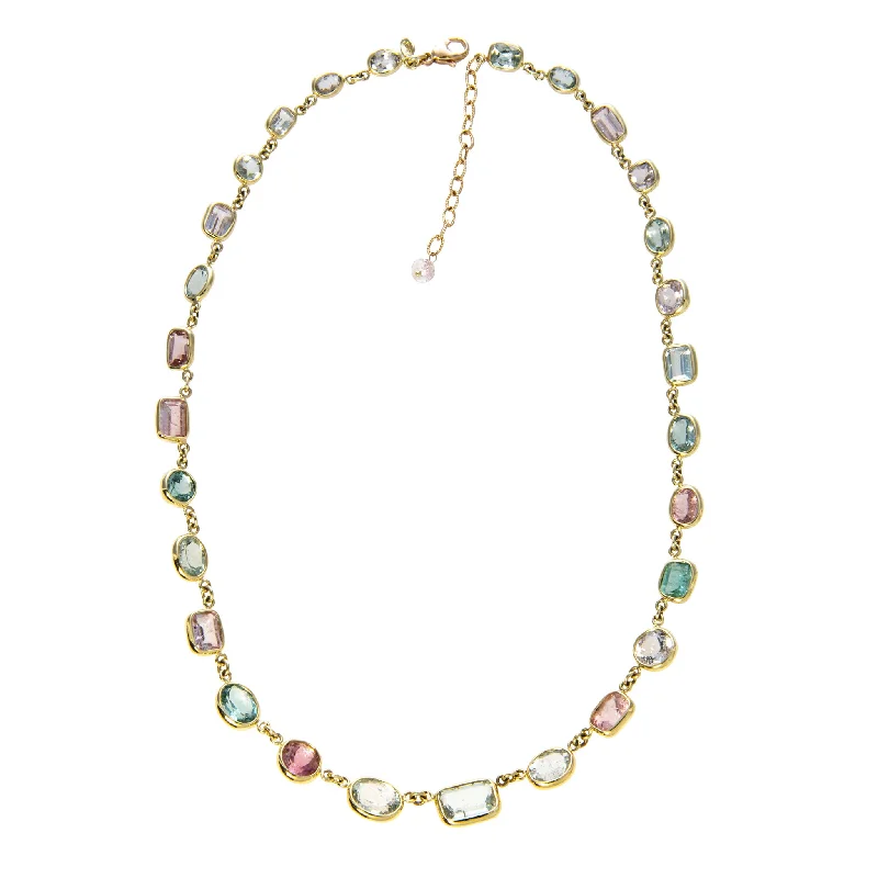 Mazza Multi-Color Pastel Tourmaline Bezel Station 18K Gold Necklace