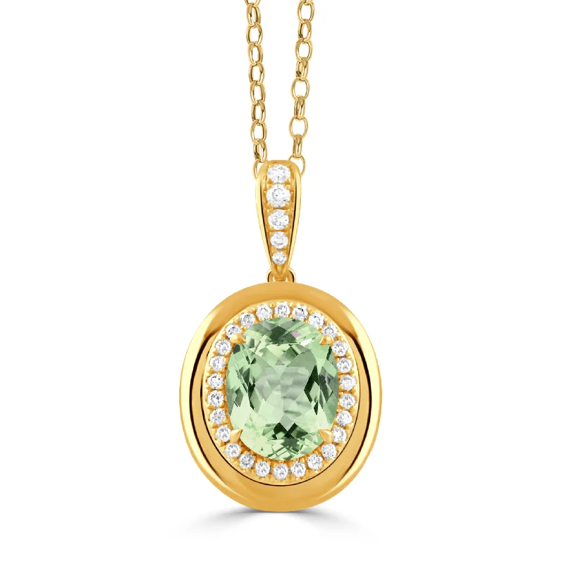 Oval Green Amethyst & Diamond 18K Yellow Gold Pendant Necklace