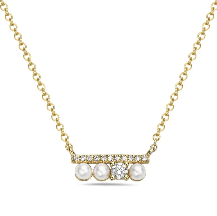 14K Yellow Gold Pave Diamond & Pearl Bar Necklace