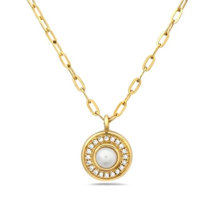 14K Yellow Gold Pearl & Diamond Halo Necklace