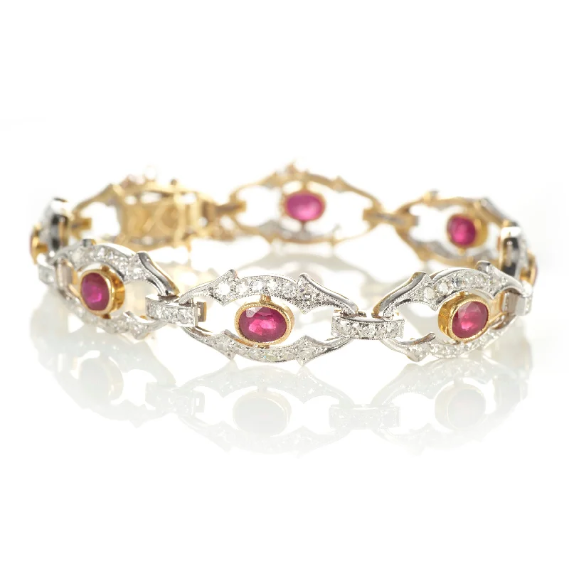 Platinum Vintage Ruby and Diamond Bracelet with Safety Chain