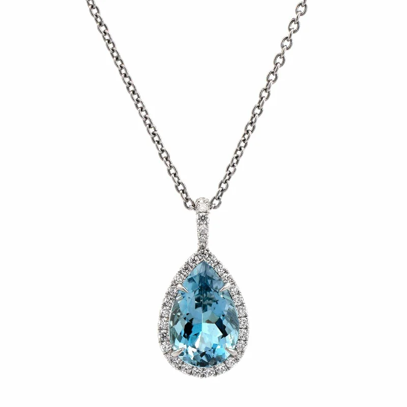 Platinum Pear Shape Aquamarine Diamond Halo Pendant