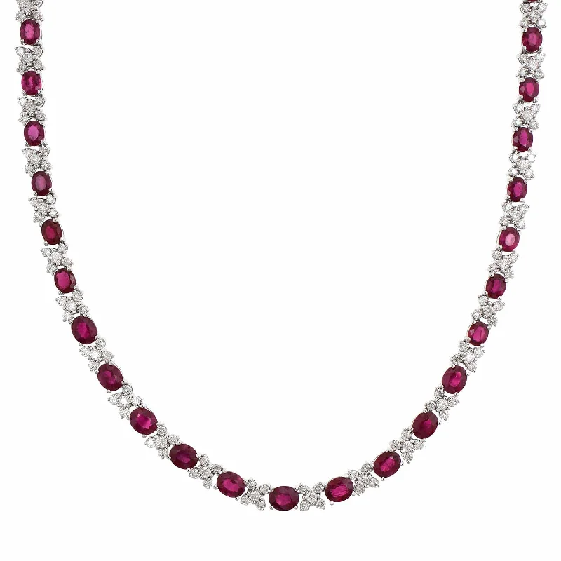 18K White Gold Oval Ruby and Diamond Necklace