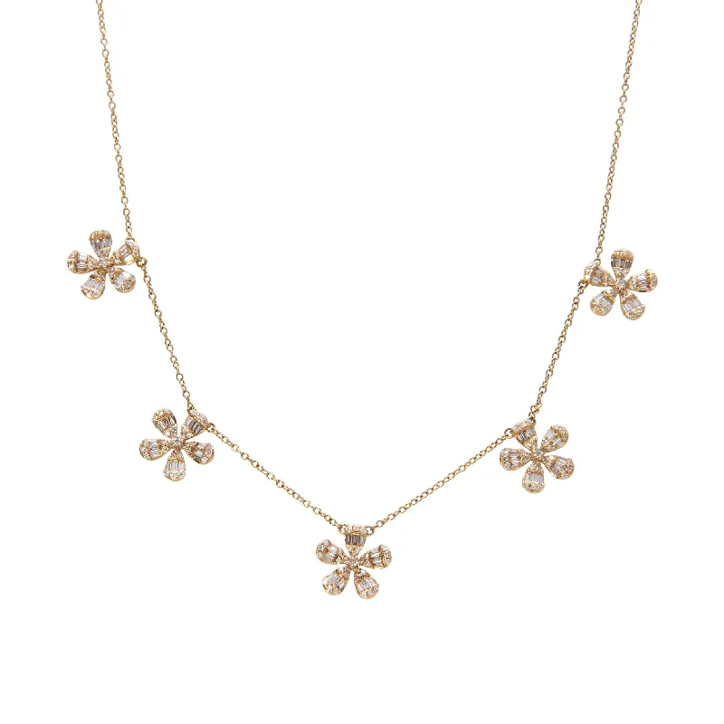 Round & Baguette Diamond Flower 5 Station 14K Yellow Gold Necklace