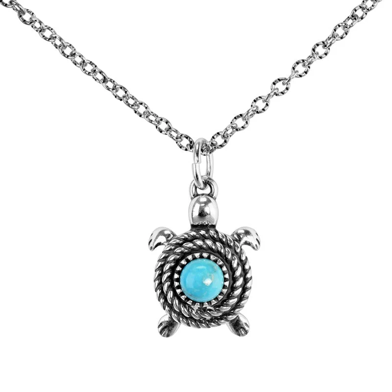 Sterling Silver Blue Turquoise Gemstone Turtle Necklace, 17 to 20 Inches