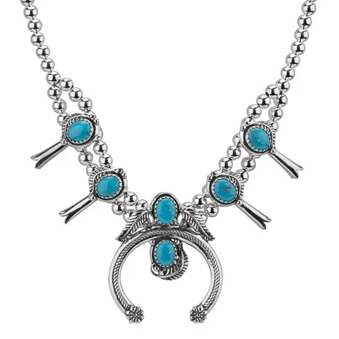 Sterling Silver Kingman Turquoise Squash Blossom Naja Necklace, 17 to 20 Inches