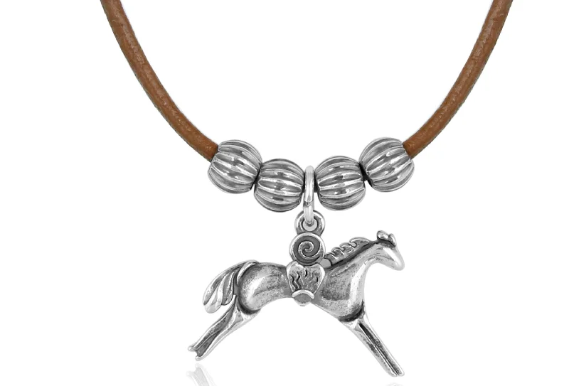 Sterling Silver Brown Genuine Leather Horse Pendant Necklace, 17-20 Inches