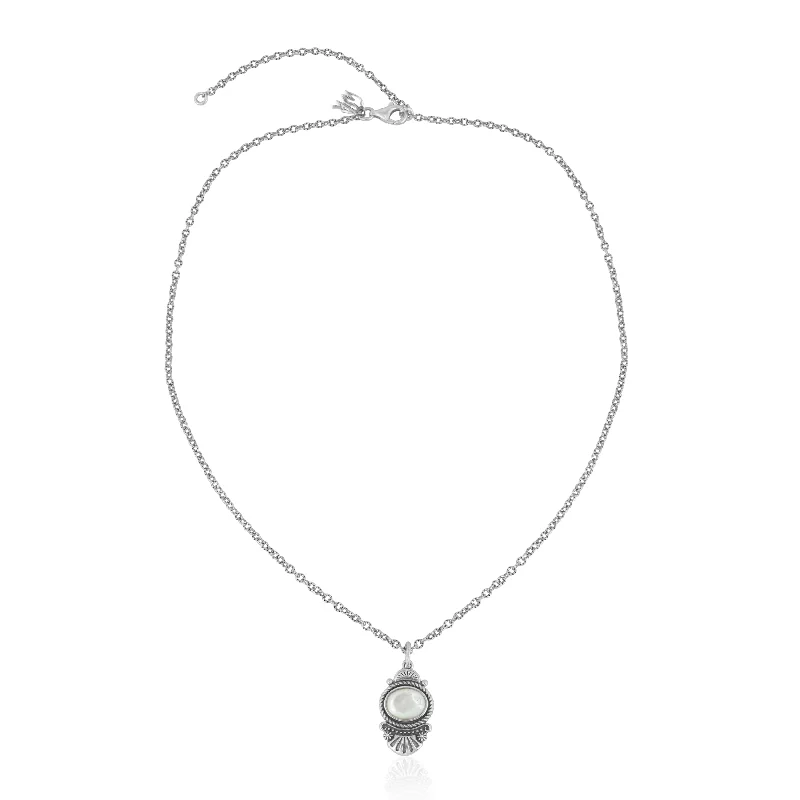 Sterling Silver White Mother of Pearl Gemstone Fan Pendant with Chain Necklace, 17-20 Inches