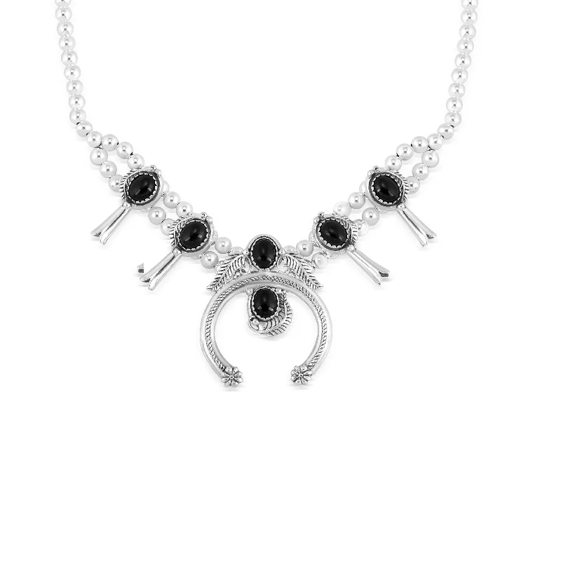 EXCLUSIVELY OURS! Sterling Silver Black Agate Squash Blossom Naja Necklace, 17 to 20 Inches