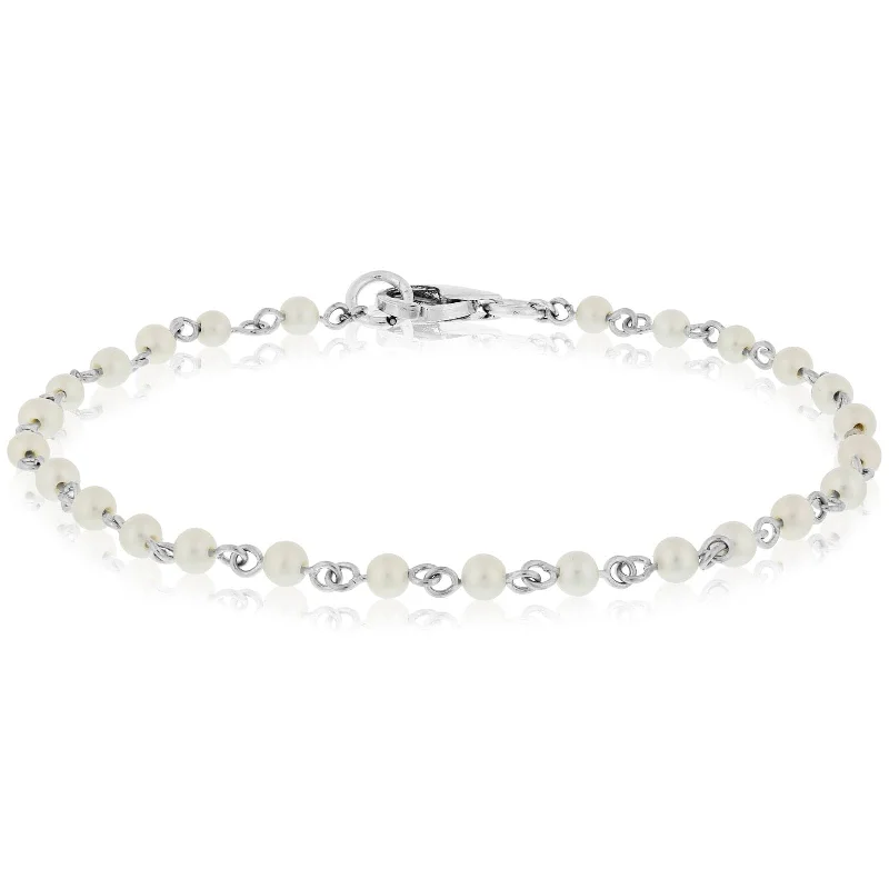 White Gold 3mm Pearl Station Bead Bracelet